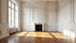 © miss irine - Empty room with classic parquet floor large windows, tall ceilings. Luxurious interior design with white panel walls, fireplace. Sunlight streams through french windows casting shadows on wooden
