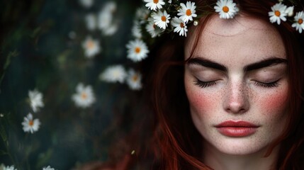 Wall Mural - Young caucasian female with red hair and freckles wearing daisy crown outdoors