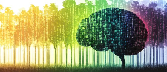 Wall Mural - abstract colorful polygonal human brain on a white background with binary code machine learning conc