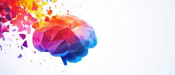 Wall Mural - abstract human brain made of colorful low-poly shapes on a white background with copy space for an a