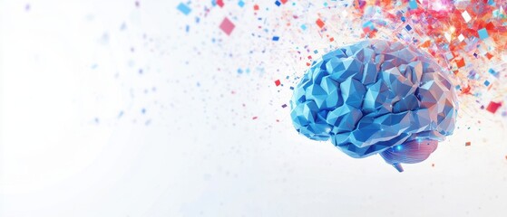 Wall Mural - banner background of blue and multicolored polygonal human brain on a white background with digital 