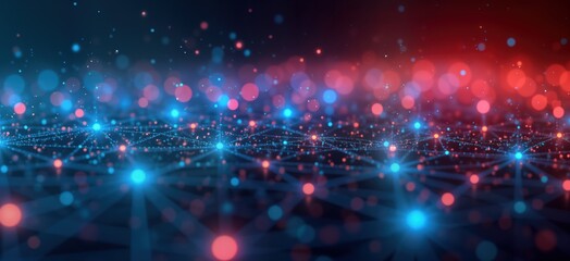 Poster - Abstract digital network visualization shows glowing nodes, connections. Blue, red lights depict data flow, tech. Dynamic visual concept of information, communication. Modern futuristic design.
