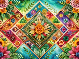 Wall Mural - panoramic watercolor boho nature patterns: vibrant floral & geometric designs