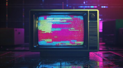 Fototapete - Retro television screen displays colorful glitch patterns and static noise in a nostalgia filled setting. Generative AI