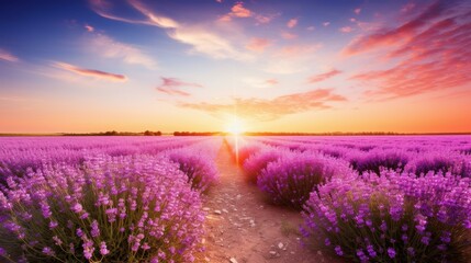 Wall Mural - Experience natures beauty with a stunning sunrise casting golden light over vibrant lavender fields in full bloom.