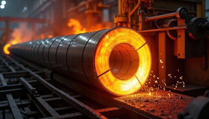 Leinwandbilder - Hot steel coils undergo rolling process in industrial plant. Glowing orange coils show intensive heat. Sparks fly from machinery. Manufacturing process creates heavy metal coils. Modern equipment