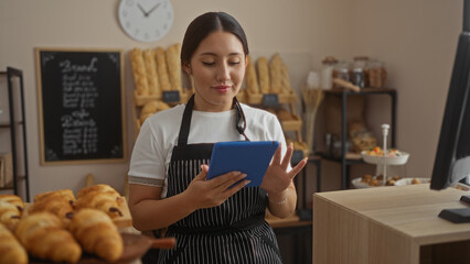 Young woman working in bakery using tablet surrounded by bread and pastries