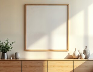 Aufkleber - Empty frame on beige wall in modern living room. Natural light casts shadows. Wooden furniture, decor items placed on wooden cabinet. Modern interior design mockup. Blank poster template on wall.