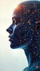 Poster - Human head with intricate circuitry. AI concept. Neural network. Future tech. Integrated tech in human brain. Advanced tech. Creative design. Detailed illustration. Complex circuit. Conceptual image