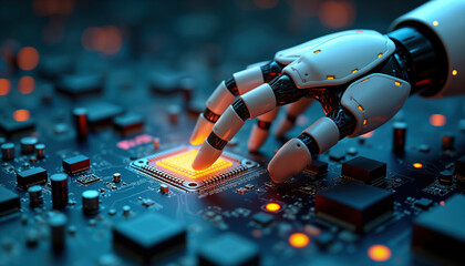 Fototapete - AI-powered tool assists cybersecurity pro. Robotic hand examines circuit board. AI tech identifies network vulnerabilities. Cybersecurity experts use AI-powered tools to mitigate risk. AI tools help