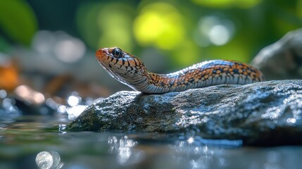 Wall Mural - snake on a rock near the water, with a blurred nature background and shiny water