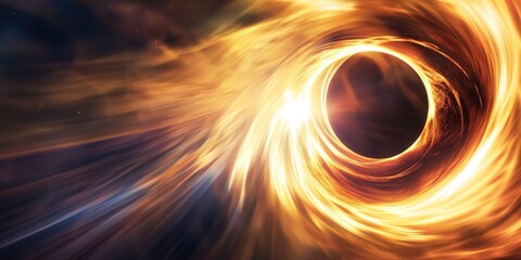 Wall Mural - bright swirling orange and yellow energy surrounds a black hole singularity in the vast expanse of d