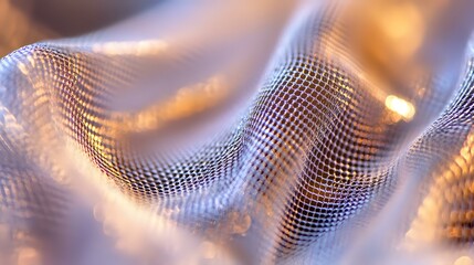Abstract digital wave pattern with golden and blue metallic mesh texture creating flowing curves and dynamic movement on blurred background.