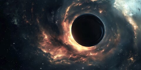 Wall Mural - dramatic view of a black hole bending spacetime in deep space, surrounded by swirling orange nebulae