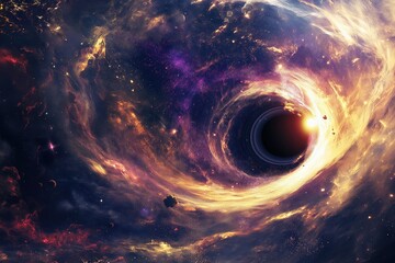 Wall Mural - powerful black hole warping spacetime, drawing in surrounding nebulae, stars, and matter, creating a