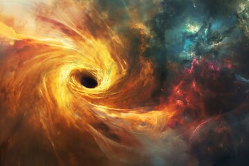 Wall Mural - swirling clouds of vibrant orange, red, and teal gas and dust enveloping a black hole create a mesme