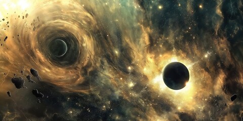 Wall Mural - two black holes are merging in a dramatic cosmic event, surrounded by swirling nebulae, planets, and