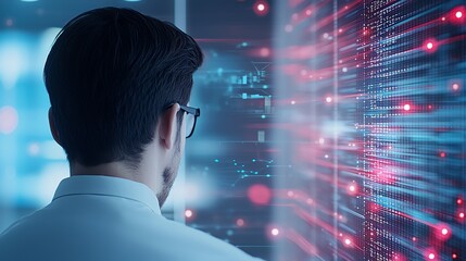 A focused individual analyzing data on a futuristic interface