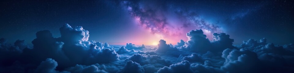 Poster - Magical night sky view from above clouds. Colorful cosmos with gradient blue, purple colors. Stars shine bright on stardust. Milky way across sky. Universe filled with nebula, galaxies. Clouds float