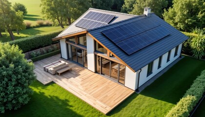 Modern eco home with solar panels on gable roof. Landscaped yard and wooden deck. Passive house design. Summer day or evening light. Stylish new building. Eco-friendly home.