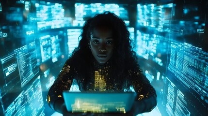 A woman sits in front of a computer screen filled with a variety of numbers and graphs. She is busy typing on the keyboard.