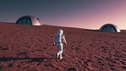 Wall Mural - red planet settlement glows beneath alien sunset. research domes pierce martian horizon as lone expl