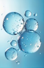Poster - Light blue transparent bubbles float on solid background. Bubbles geometric pattern, clear liquid. Water molecules inside bubbles. Clean, fresh image. Ideal for beauty product ads. Modern design.