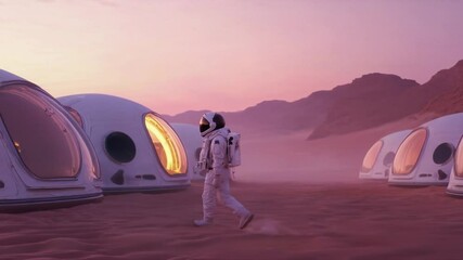 Wall Mural - martian explorer walks between colony domes. habitat lights contrast with red planet sunset. static 