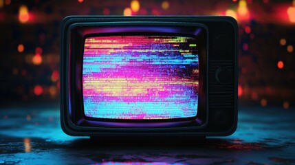 Fototapete - Retro television screen displays colorful static noise and glitch patterns in a nostalgic setting with vibrant hues. Generative AI