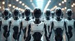 © miss irine - Futuristic robots stand in row in factory setting. Leader robots stand in front. White bodies, dark parts. Facing forward. Setting industrial, tech. Scene automated, shows futuristic robotic army.