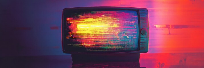 Fototapete - Retro television screen displaying vibrant static noise and colorful glitch patterns in an abstract setting. Generative AI