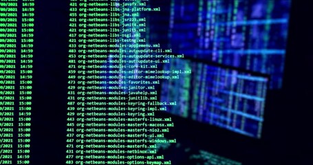 Hacking concept. Close-up of computer screen - modern electronic technologies. Search files process in big data array. Cyberattack. Ddos attack. Typing code on keyboard - codes and program software