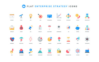 Fototapete - Success of corporate company, effective enterprise strategy, communication color icon set. KPI investment and financial consolidation, profit increase, risk analysis flat elements vector illustration