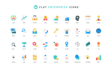Poster - Enterprise, business startup and project communication and SME management color icon set. Digital data and trends, documents and chart report research, meeting flat elements vector illustration