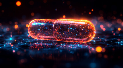 A digital pill symbolizing AI-driven precision medicine on a network background minimalistic design with bright tones and blurred empty space on the side

