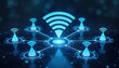 © miss irine - Abstract illustration of wifi network. Multiple wifi icons connect in network. Modern tech design. Digital connectivity evolution. Modern tech concept. Digital communication concept. Advanced