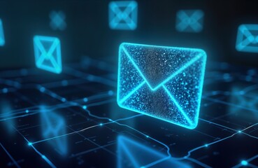Poster - Digital email marketing concept. Futuristic email icon glows with light particles. Abstract network background with email symbols. Modern communication tech and content distribution in virtual space.