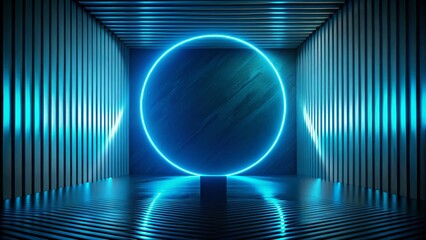 Wall Mural - silhouette of a neon blue geometric circle on dark background - abstract stock photo