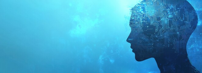 Abstract blue background with circuit board and human head silhouette for artificial intelligence concept Generative AI