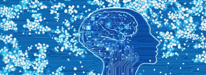 Abstract blue circuit board pattern background with a digital human head silhouette and an artificial intelligence concept Generative AI