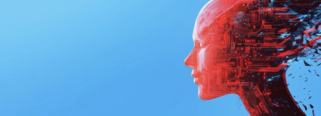 Abstract human head profile with circuit board and digital code, artificial intelligence concept banner design on a blue background Generative AI