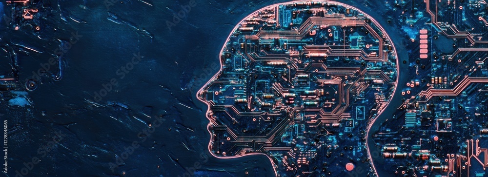 Abstract human head profile with circuit board and chip in a blue color ...