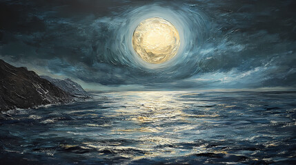 Sticker - The full moon rises gracefully over the sea, its silvery light painting a shimmering path across the dark waters. Shimmering Path. Illustration