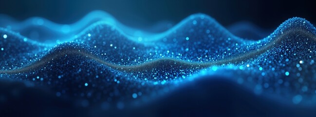 Fototapete - Abstract wavy blue particles flow. Dynamic mesh pattern. Big data concept. Futuristic graphic. Blue light waves. Modern tech background. Illustration shows data flow. Ideal for digital tech.