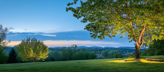 Wall Mural - Spring landscape with soft lighting showcasing green leaves and blue sky