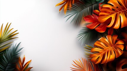 Wall Mural - Tropical Paradise: Golden and Red Leaves on White Background