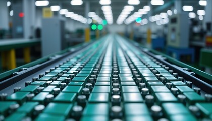 Leinwandbilder - Automated electric car battery cell production line inside factory. Many small battery cells arranged on conveyor belt. Focus on organized arrangement of cells. Industrial tech, automation evident.