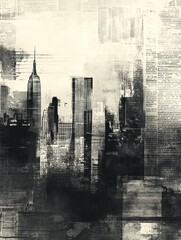Poster - Exploring the artistic blend of overlapping vintage newspaper clippings with a skyline background featuring iconic structures. Generative AI