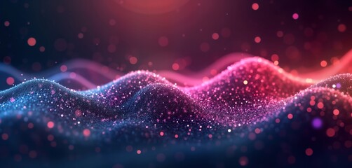 Poster - Abstract digital particles form wavy hills. Colorful shimmering dots create flowing patterns. Bokeh effects, soft light highlight dynamic shapes. Energy, motion represented in design. Perfect for