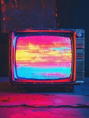 Fototapete - Retro television screen displays colorful glitch patterns and static noise in an artistic setup. Generative AI